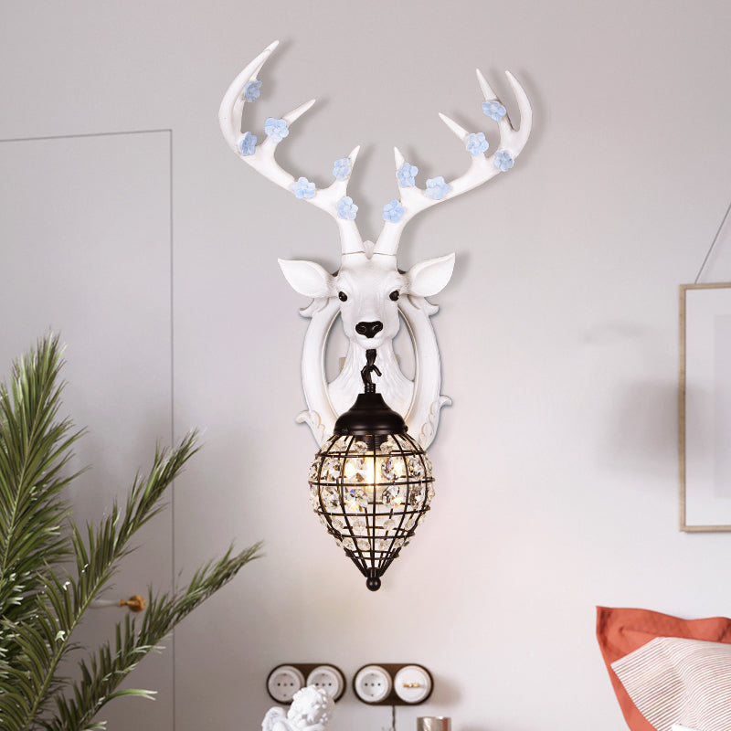 1 Light Deer Head Wall Lamp Countryside Resin Wall Sconce Lighting with Lantern Crystal Shade in White/Brown White B Clearhalo 'Modern wall lights' 'Modern' 'Wall Lamps & Sconces' 'Wall Lights' Lighting' 155892