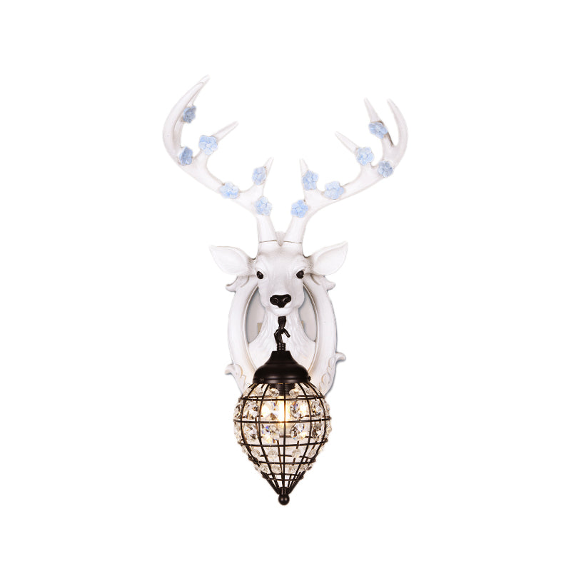 1 Light Deer Head Wall Lamp Countryside Resin Wall Sconce Lighting with Lantern Crystal Shade in White/Brown Clearhalo 'Modern wall lights' 'Modern' 'Wall Lamps & Sconces' 'Wall Lights' Lighting' 155893