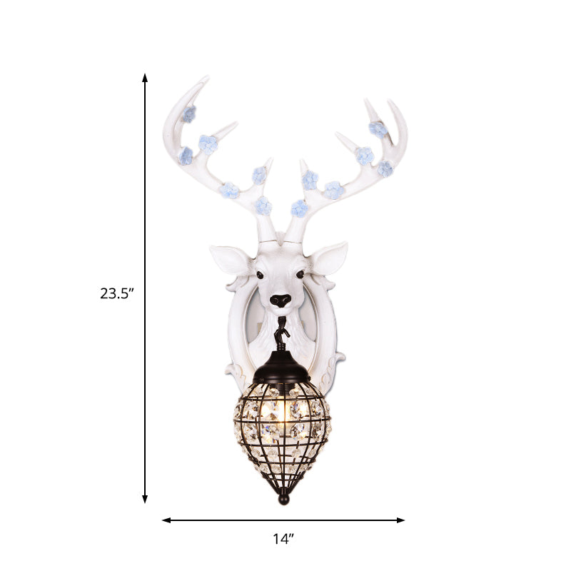 1 Light Deer Head Wall Lamp Countryside Resin Wall Sconce Lighting with Lantern Crystal Shade in White/Brown Clearhalo 'Modern wall lights' 'Modern' 'Wall Lamps & Sconces' 'Wall Lights' Lighting' 155894