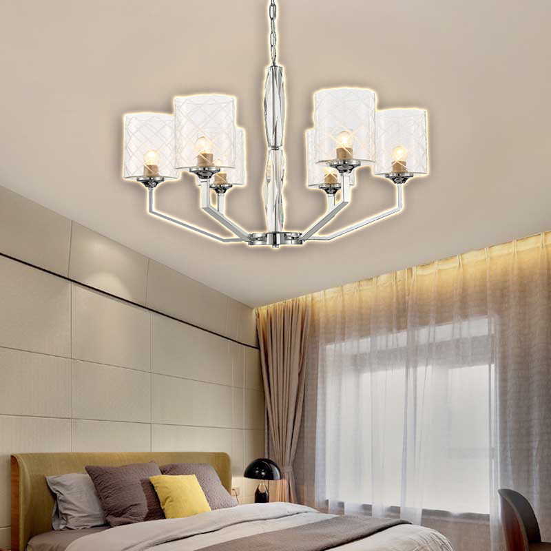 Simple Cup Lattice Glass Up Chandelier 6/8-Light Ceiling Lighting Fixture in Chrome 6 Chrome Clearhalo 'Ceiling Lights' 'Chandeliers' 'Glass shade' 'Glass' 'Modern Chandeliers' 'Modern' Lighting' 155899