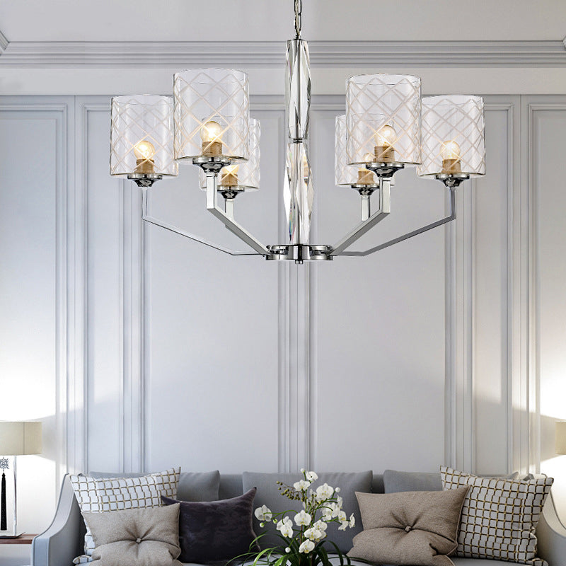 Simple Cup Lattice Glass Up Chandelier 6/8-Light Ceiling Lighting Fixture in Chrome Clearhalo 'Ceiling Lights' 'Chandeliers' 'Glass shade' 'Glass' 'Modern Chandeliers' 'Modern' Lighting' 155900