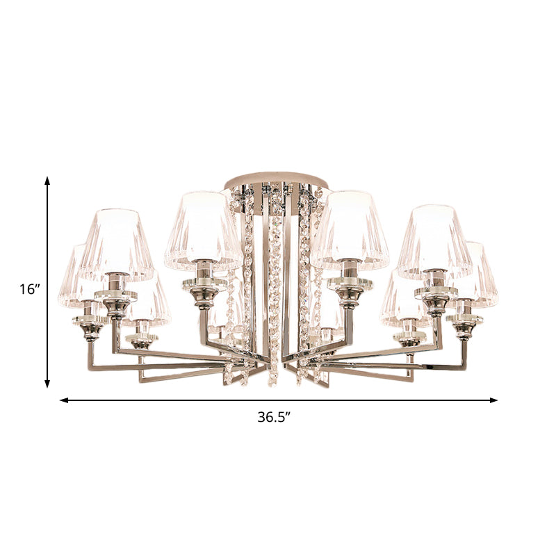 Living Room Cone Ceiling Lamp Metal and Clear Crystal Modern Chrome Finish 6/8/10 Heads Semi Mount Light Clearhalo 'Ceiling Lights' 'Close To Ceiling Lights' 'Close to ceiling' 'Semi-flushmount' Lighting' 155918