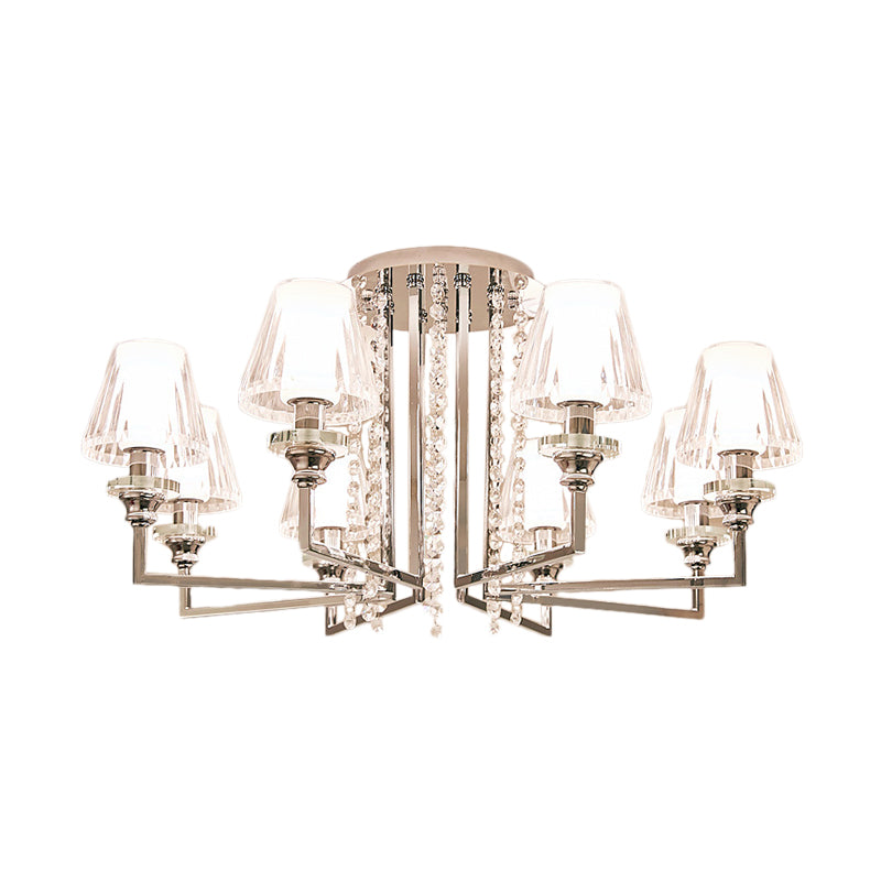 Living Room Cone Ceiling Lamp Metal and Clear Crystal Modern Chrome Finish 6/8/10 Heads Semi Mount Light Clearhalo 'Ceiling Lights' 'Close To Ceiling Lights' 'Close to ceiling' 'Semi-flushmount' Lighting' 155921