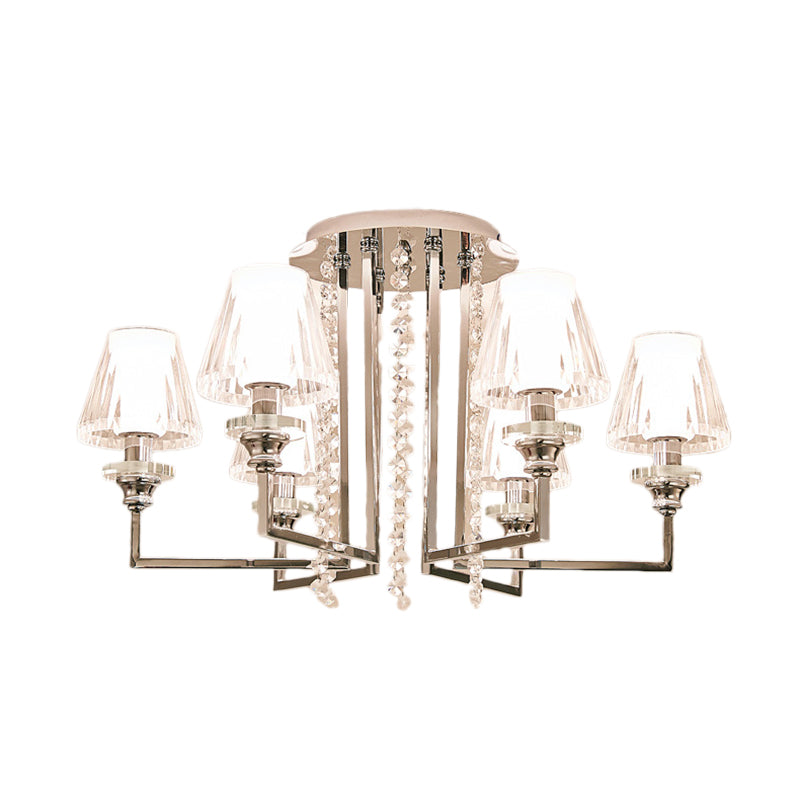 Living Room Cone Ceiling Lamp Metal and Clear Crystal Modern Chrome Finish 6/8/10 Heads Semi Mount Light Clearhalo 'Ceiling Lights' 'Close To Ceiling Lights' 'Close to ceiling' 'Semi-flushmount' Lighting' 155926