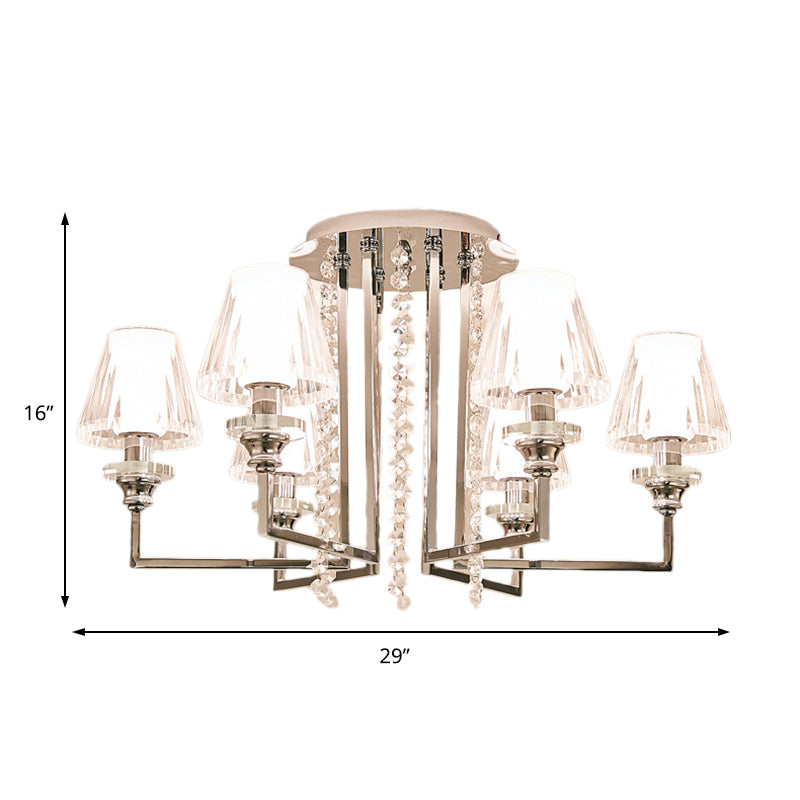 Living Room Cone Ceiling Lamp Metal and Clear Crystal Modern Chrome Finish 6/8/10 Heads Semi Mount Light Clearhalo 'Ceiling Lights' 'Close To Ceiling Lights' 'Close to ceiling' 'Semi-flushmount' Lighting' 155927