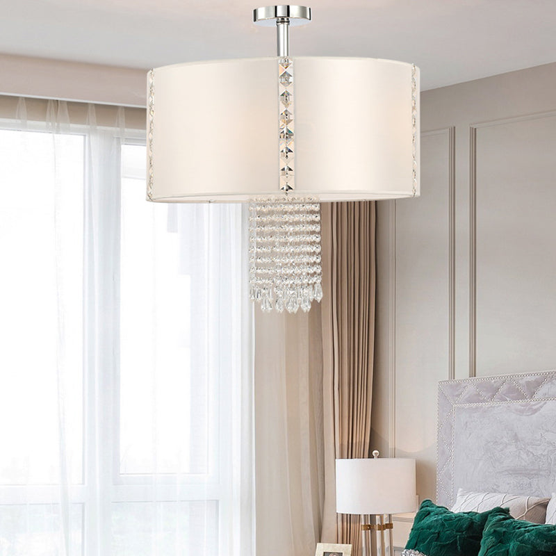 Contemporary 5 Lights Chandelier with Fabric Shade White Round Drop Pendant with Crystal Beans Clearhalo 'Ceiling Lights' 'Chandeliers' 'Modern Chandeliers' 'Modern' Lighting' 155942