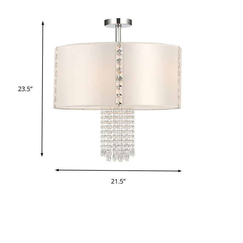 Contemporary 5 Lights Chandelier with Fabric Shade White Round Drop Pendant with Crystal Beans Clearhalo 'Ceiling Lights' 'Chandeliers' 'Modern Chandeliers' 'Modern' Lighting' 155944