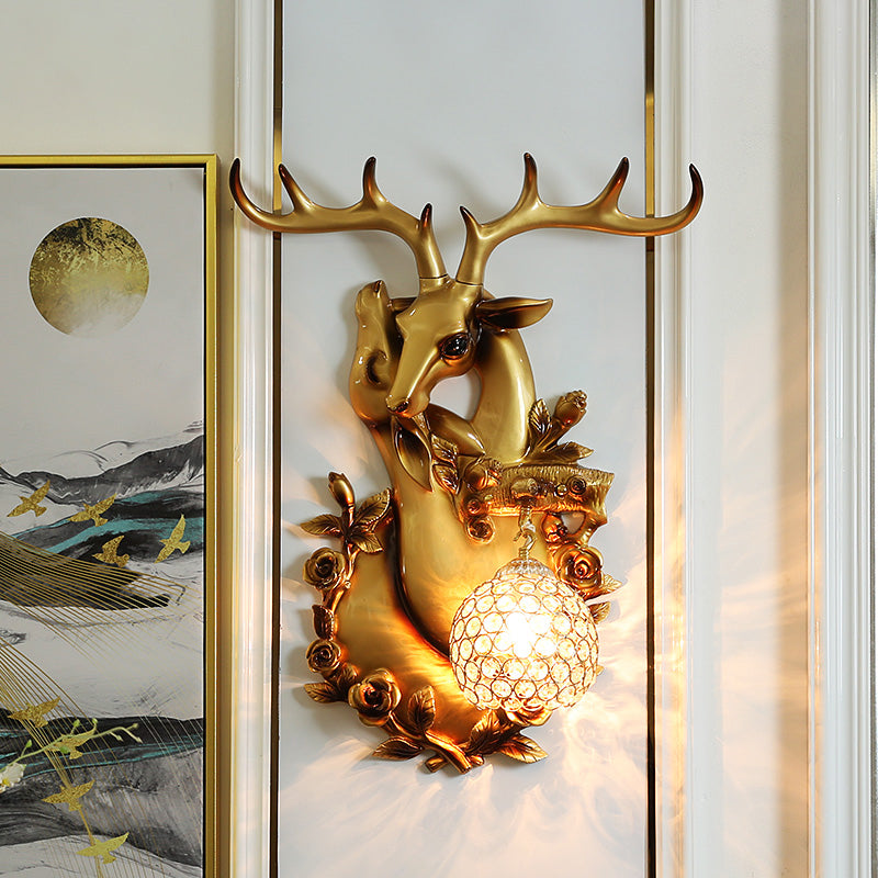 Clear Crystal Shade Wall Mounted Light Loft Style 1 Light Sconce Lighting with Deer Head in Blue/Gold Finish Gold Clearhalo 'Modern wall lights' 'Modern' 'Wall Lamps & Sconces' 'Wall Lights' Lighting' 155962