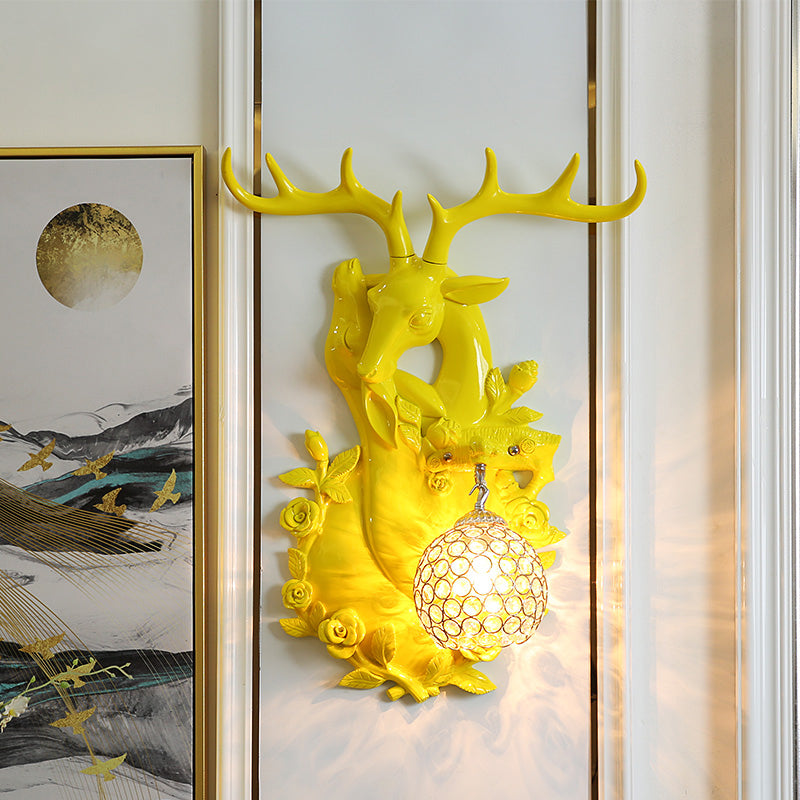 Clear Crystal Shade Wall Mounted Light Loft Style 1 Light Sconce Lighting with Deer Head in Blue/Gold Finish Yellow Clearhalo 'Modern wall lights' 'Modern' 'Wall Lamps & Sconces' 'Wall Lights' Lighting' 155965