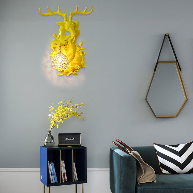 Clear Crystal Shade Wall Mounted Light Loft Style 1 Light Sconce Lighting with Deer Head in Blue/Gold Finish Clearhalo 'Modern wall lights' 'Modern' 'Wall Lamps & Sconces' 'Wall Lights' Lighting' 155966