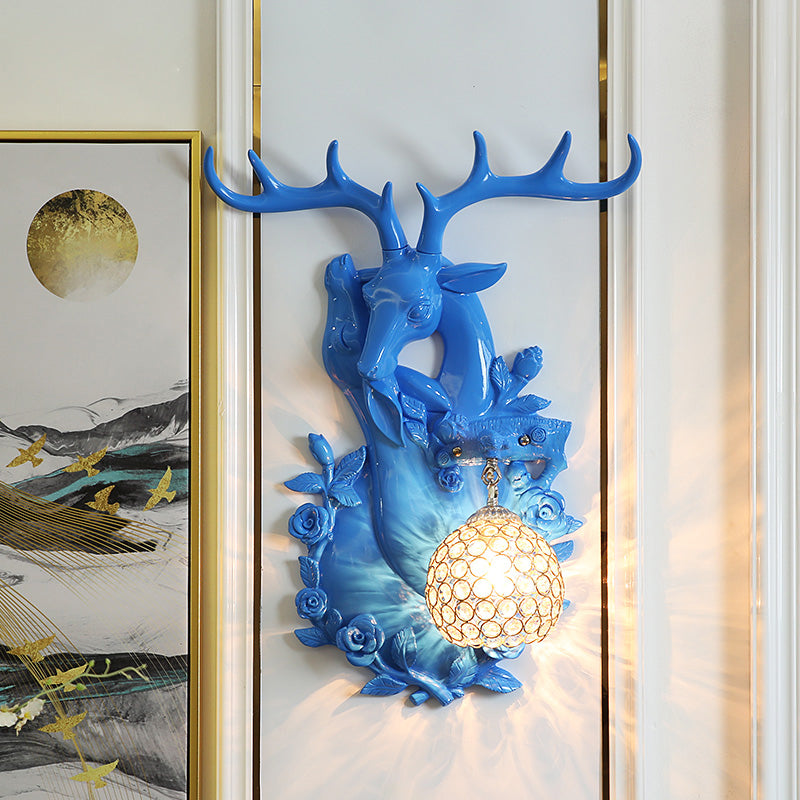 Clear Crystal Shade Wall Mounted Light Loft Style 1 Light Sconce Lighting with Deer Head in Blue/Gold Finish Blue Clearhalo 'Modern wall lights' 'Modern' 'Wall Lamps & Sconces' 'Wall Lights' Lighting' 155968