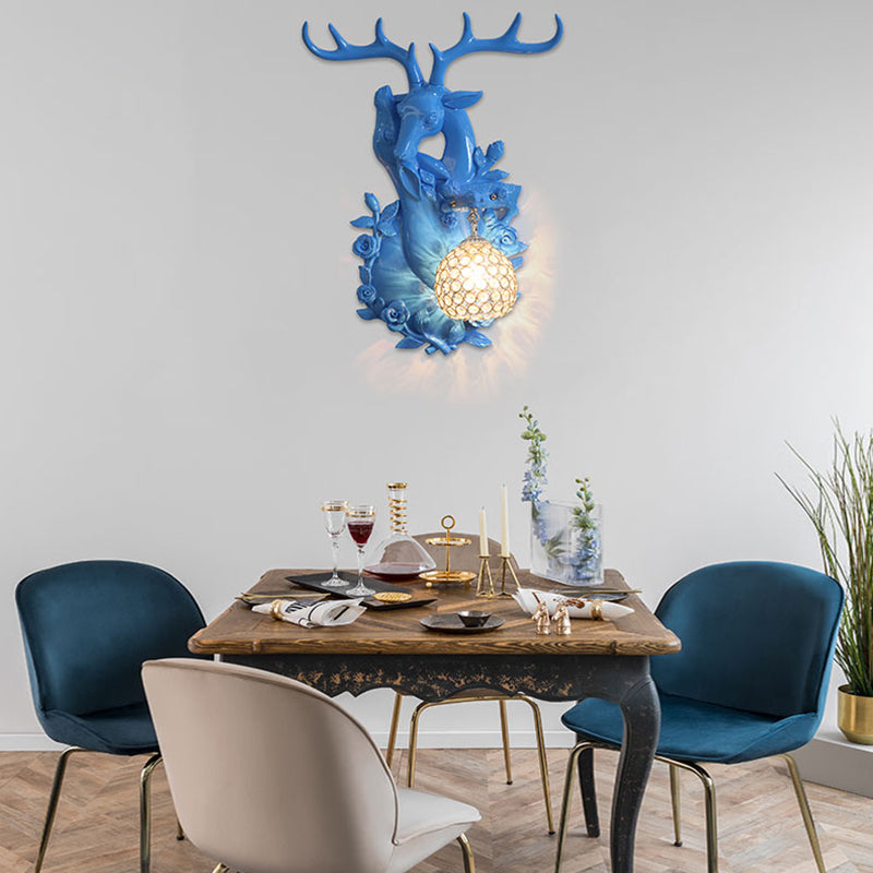 Clear Crystal Shade Wall Mounted Light Loft Style 1 Light Sconce Lighting with Deer Head in Blue/Gold Finish Clearhalo 'Modern wall lights' 'Modern' 'Wall Lamps & Sconces' 'Wall Lights' Lighting' 155969