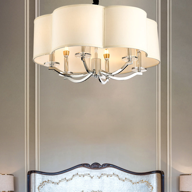 Drum Bedroom Chandelier Metal 6 Lights Simple Drop Pendant with Crystal Lamp Stand and Fabric Shade White Clearhalo 'Ceiling Lights' 'Chandeliers' 'Modern Chandeliers' 'Modern' Lighting' 155984