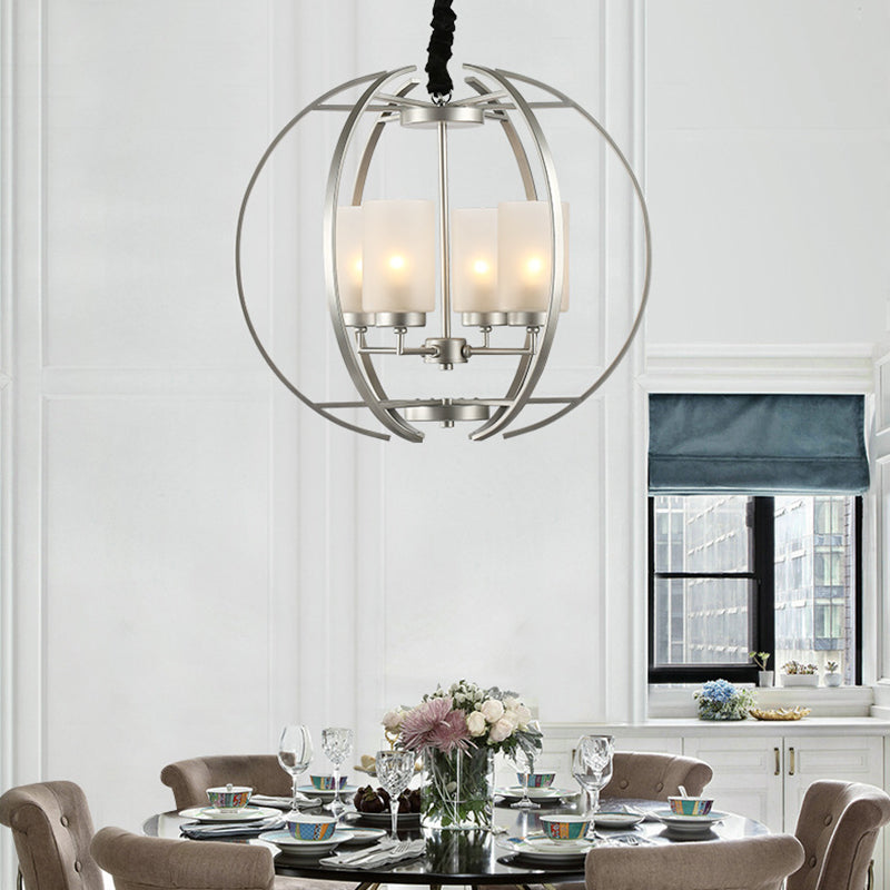 Cylinder Frosted Glass Hanging Light Contemporary 4-Head White Up Chandelier Pendant with Sphere Frame Chrome Clearhalo 'Ceiling Lights' 'Chandeliers' 'Modern Chandeliers' 'Modern' Lighting' 155988