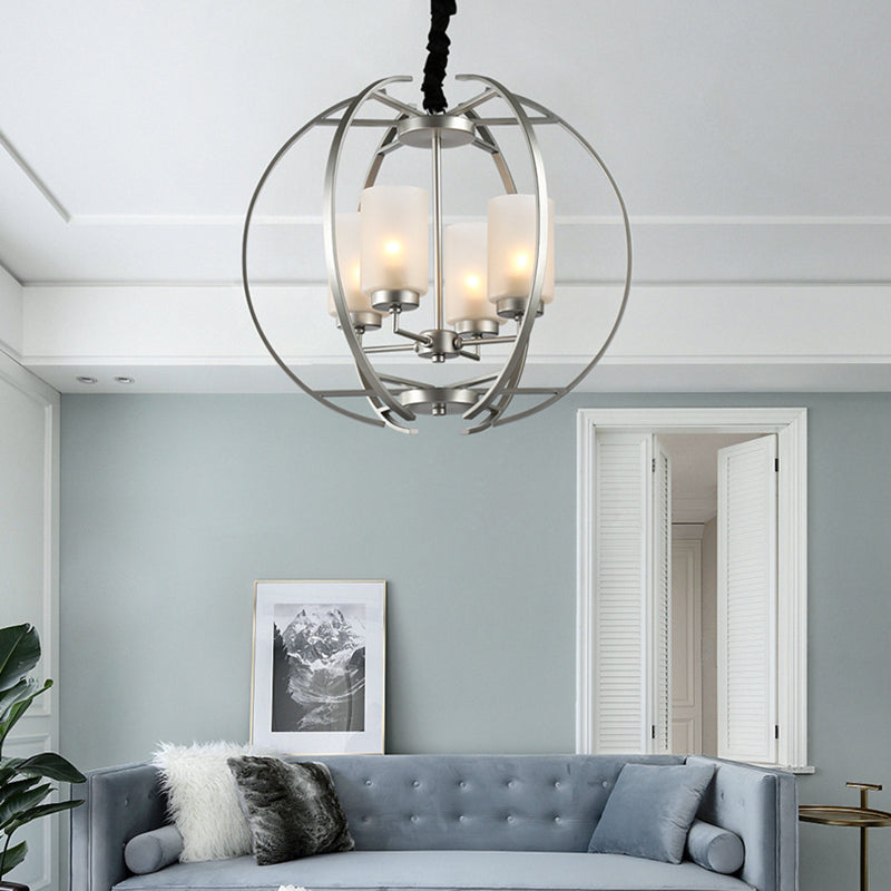 Cylinder Frosted Glass Hanging Light Contemporary 4-Head White Up Chandelier Pendant with Sphere Frame Clearhalo 'Ceiling Lights' 'Chandeliers' 'Modern Chandeliers' 'Modern' Lighting' 155989