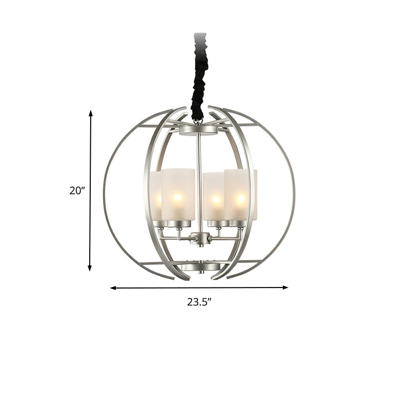 Cylinder Frosted Glass Hanging Light Contemporary 4-Head White Up Chandelier Pendant with Sphere Frame Clearhalo 'Ceiling Lights' 'Chandeliers' 'Modern Chandeliers' 'Modern' Lighting' 155991