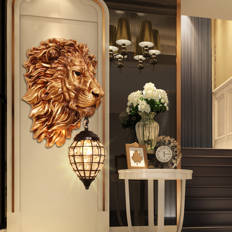 Resin Lion Wall Lamp 1 Light Country Style Wall Sconce with Clear Crystal Shade in Brown Finish Clearhalo 'Wall Lamps & Sconces' 'Wall Lights' Lighting' 156011