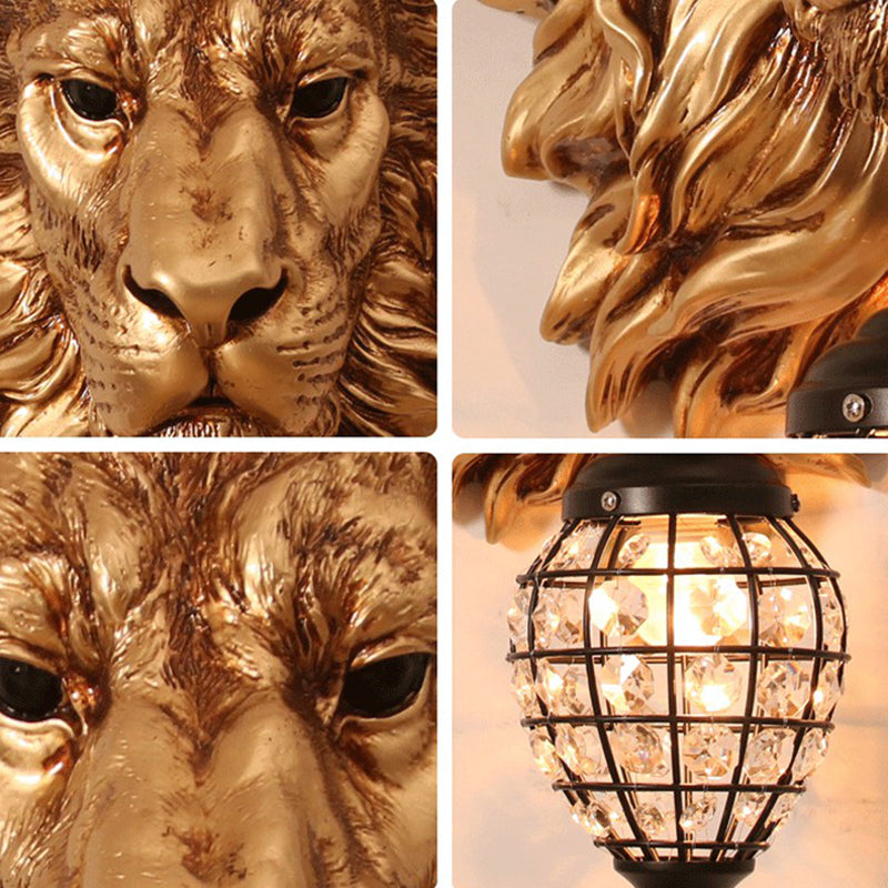 Resin Lion Wall Lamp 1 Light Country Style Wall Sconce with Clear Crystal Shade in Brown Finish Clearhalo 'Wall Lamps & Sconces' 'Wall Lights' Lighting' 156014