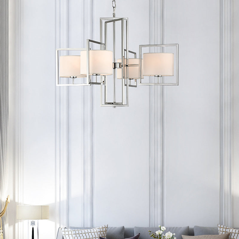 4 Lights Living Room Chandelier Lamp with Barrel Fabric Shade Modern Chrome Pendant Lantern Chrome Clearhalo 'Ceiling Lights' 'Chandeliers' 'Modern Chandeliers' 'Modern' Lighting' 156078