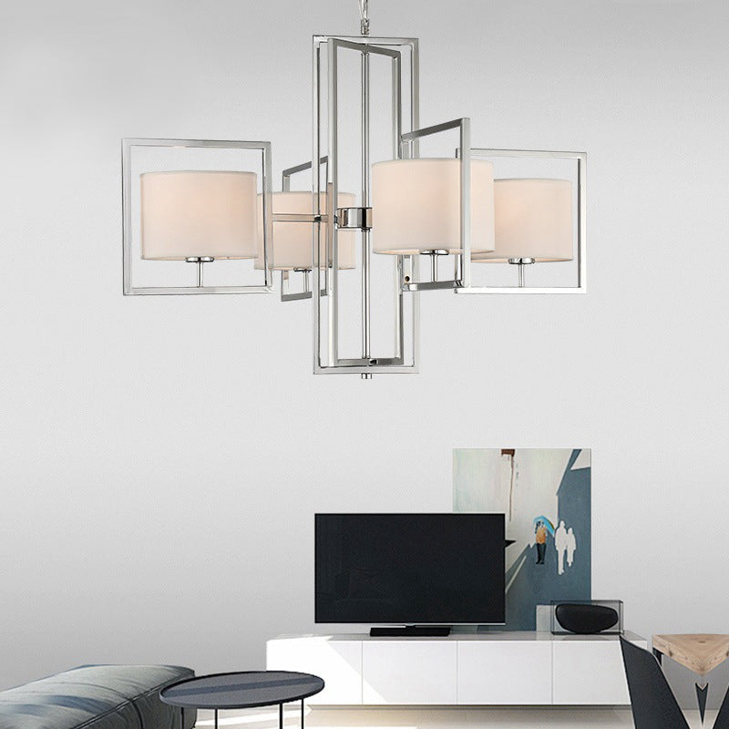 4 Lights Living Room Chandelier Lamp with Barrel Fabric Shade Modern Chrome Pendant Lantern Clearhalo 'Ceiling Lights' 'Chandeliers' 'Modern Chandeliers' 'Modern' Lighting' 156079