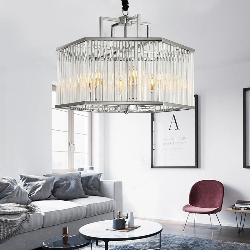 Modern 6-Light Chandelier Pendant with Clear Glass Shade Chrome Hexagonal Hanging Light Fixture Clearhalo 'Ceiling Lights' 'Chandeliers' 'Modern Chandeliers' 'Modern' Lighting' 156083