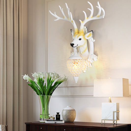 Crystal Ball Shade Wall Lighting with Elk Backplate 1 Light Countryside Sconce Light Fixture in White/Gold Clearhalo 'Wall Lamps & Sconces' 'Wall Lights' Lighting' 156097