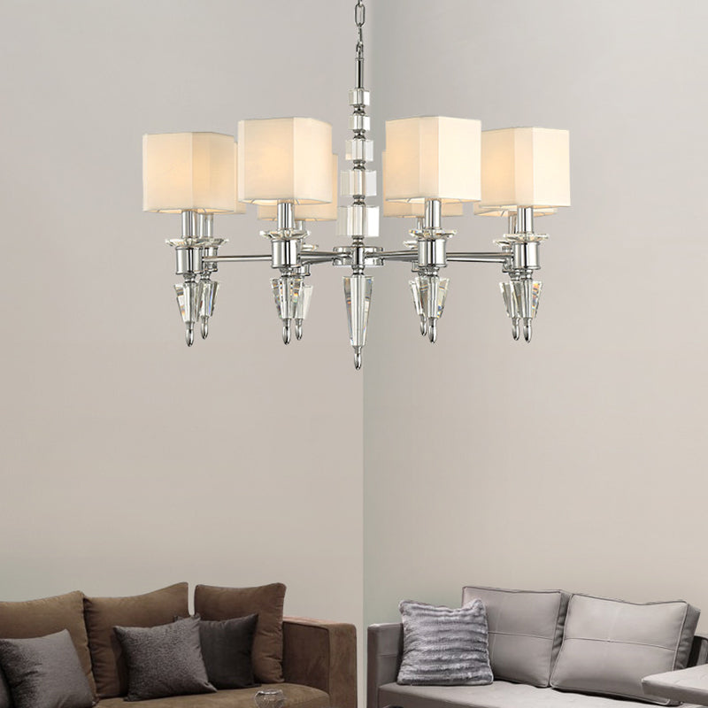 Iron Cube Ceiling Pendant Modern 6 Lights Chrome Hanging Chandelier Fixture with Fabric Shade Clearhalo 'Ceiling Lights' 'Chandeliers' 'Modern Chandeliers' 'Modern' Lighting' 156108