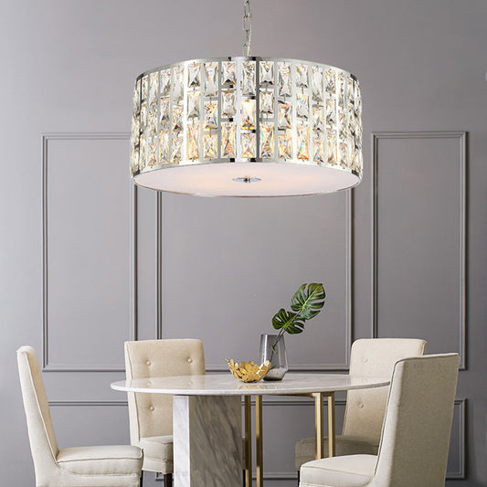 Crystal Cylindrical Chandelier Lamp Simplicity 5-Light Hanging Ceiling Fixture in Chrome with Diffuser Chrome Clearhalo 'Ceiling Lights' 'Chandeliers' 'Modern Chandeliers' 'Modern' Lighting' 156111