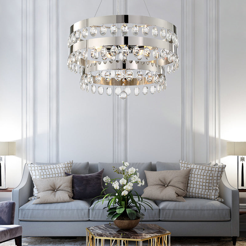 Crystal Multi-Layer Suspension Lamp Contemporary 5 Lights Silver Chandelier Pendant for Living Room Silver Clearhalo 'Ceiling Lights' 'Chandeliers' 'Modern Chandeliers' 'Modern' Lighting' 156115