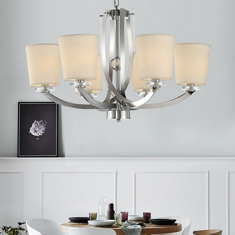 Silver Cylinder Chandelier Simple 6 Lights Iron Pendant Lighting Fixture with Fabric Shade Silver Clearhalo 'Ceiling Lights' 'Chandeliers' 'Modern Chandeliers' 'Modern' Lighting' 156119