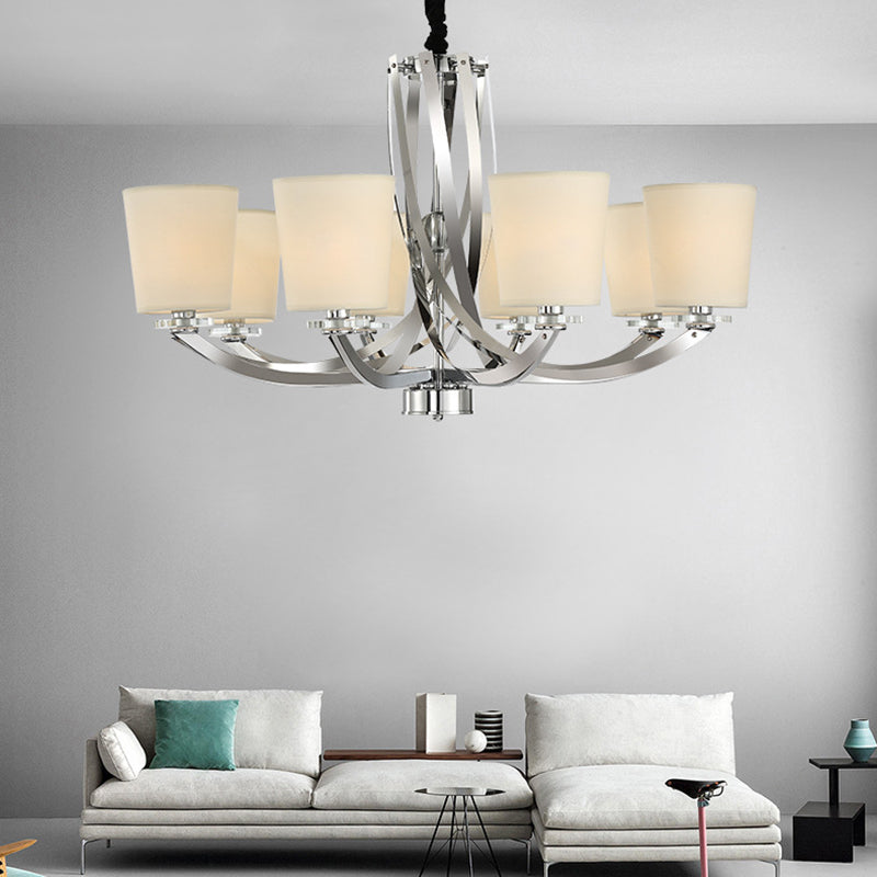 Silver Cylinder Chandelier Simple 6 Lights Iron Pendant Lighting Fixture with Fabric Shade Clearhalo 'Ceiling Lights' 'Chandeliers' 'Modern Chandeliers' 'Modern' Lighting' 156120