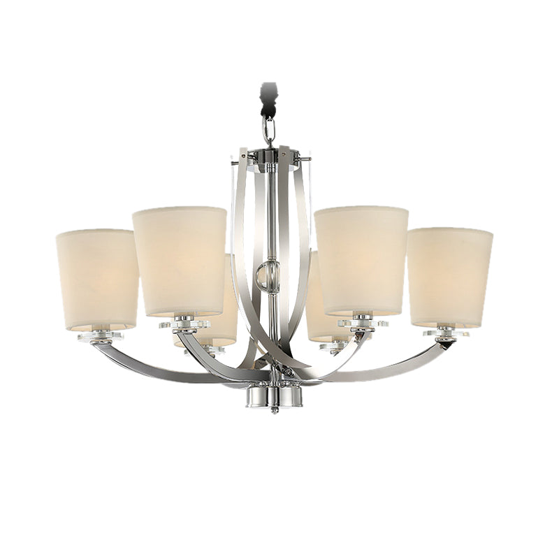 Silver Cylinder Chandelier Simple 6 Lights Iron Pendant Lighting Fixture with Fabric Shade Clearhalo 'Ceiling Lights' 'Chandeliers' 'Modern Chandeliers' 'Modern' Lighting' 156121