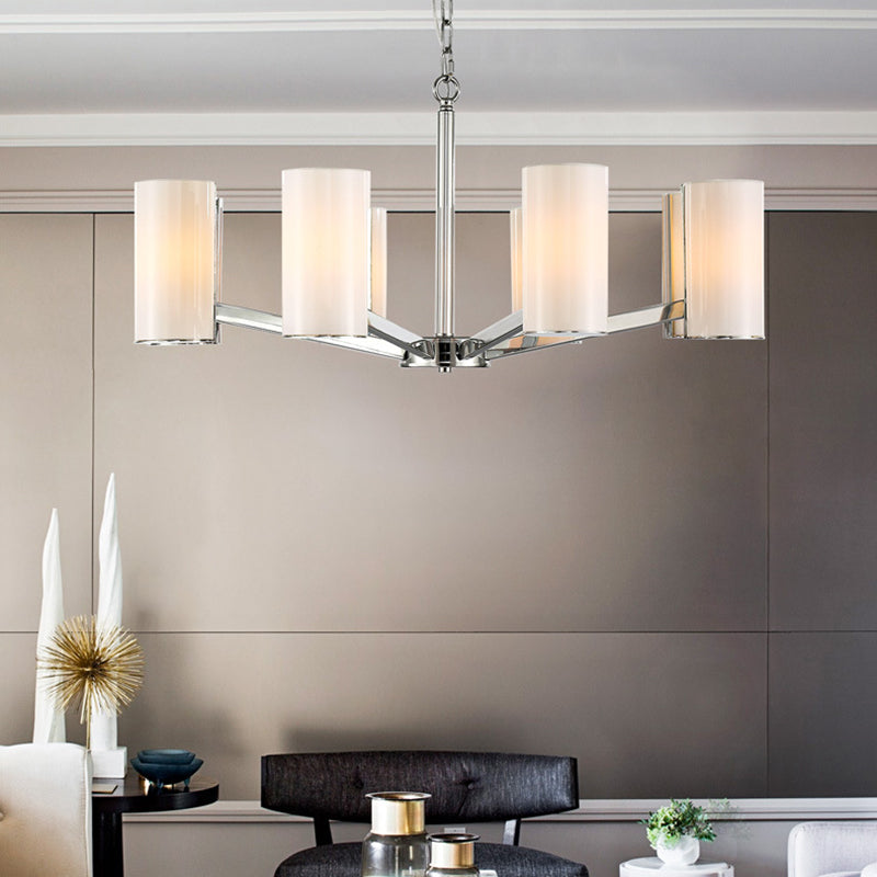 White Glass Cylindrical Chandelier Contemporary 8-Light Silver Ceiling Pedant Lamp with Adjustable Chain Clearhalo 'Ceiling Lights' 'Chandeliers' 'Modern Chandeliers' 'Modern' Lighting' 156132