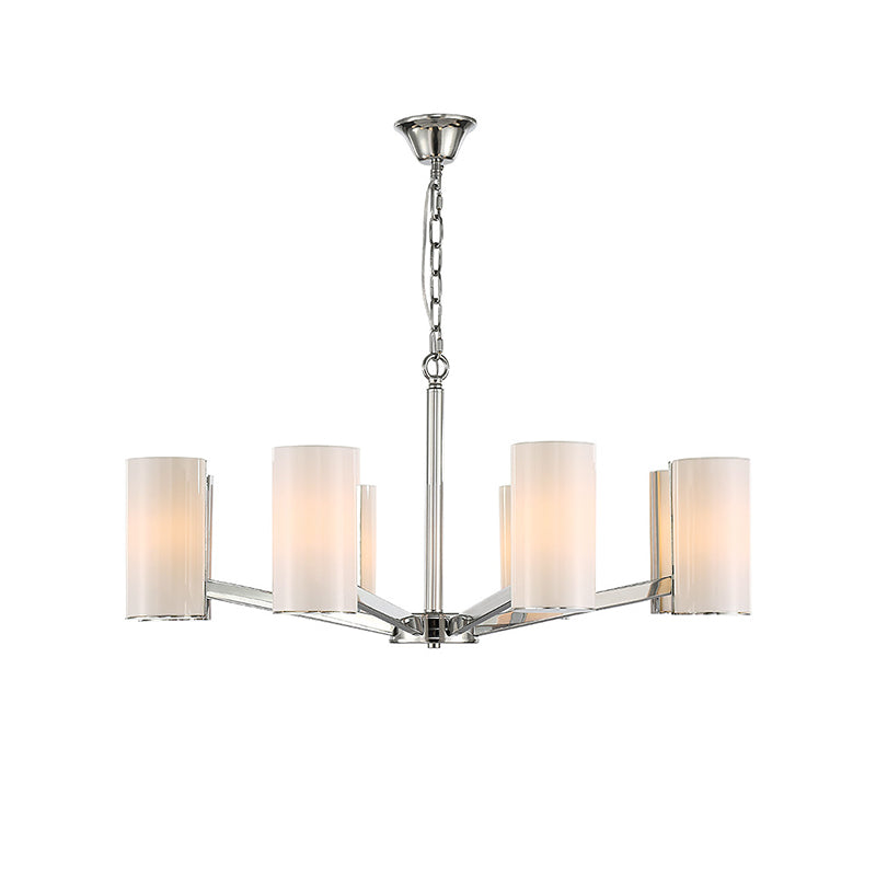 White Glass Cylindrical Chandelier Contemporary 8-Light Silver Ceiling Pedant Lamp with Adjustable Chain Clearhalo 'Ceiling Lights' 'Chandeliers' 'Modern Chandeliers' 'Modern' Lighting' 156133