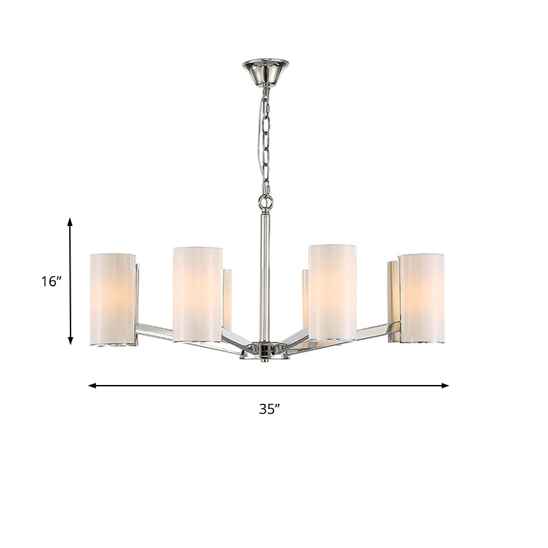 White Glass Cylindrical Chandelier Contemporary 8-Light Silver Ceiling Pedant Lamp with Adjustable Chain Clearhalo 'Ceiling Lights' 'Chandeliers' 'Modern Chandeliers' 'Modern' Lighting' 156134