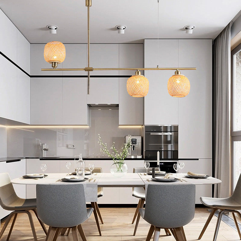 3 Lights Kitchen Chandelier Lamp with Oblong Wood Shade Asian Light-Beige Pendant Clearhalo 'Ceiling Lights' 'Chandeliers' 'Modern Chandeliers' 'Modern' Lighting' 156167