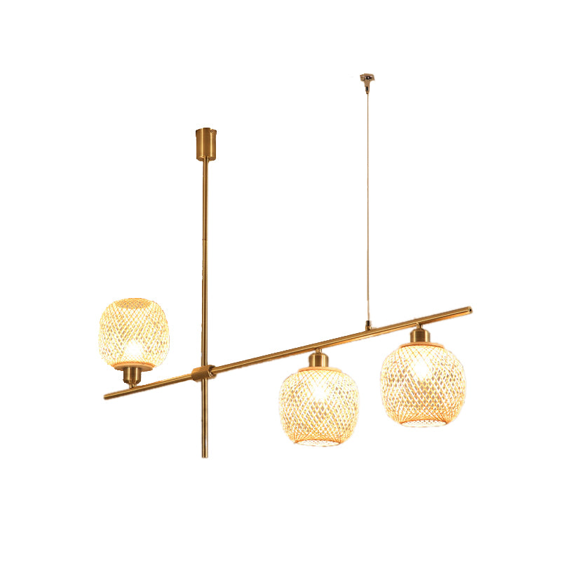 3 Lights Kitchen Chandelier Lamp with Oblong Wood Shade Asian Light-Beige Pendant Clearhalo 'Ceiling Lights' 'Chandeliers' 'Modern Chandeliers' 'Modern' Lighting' 156169