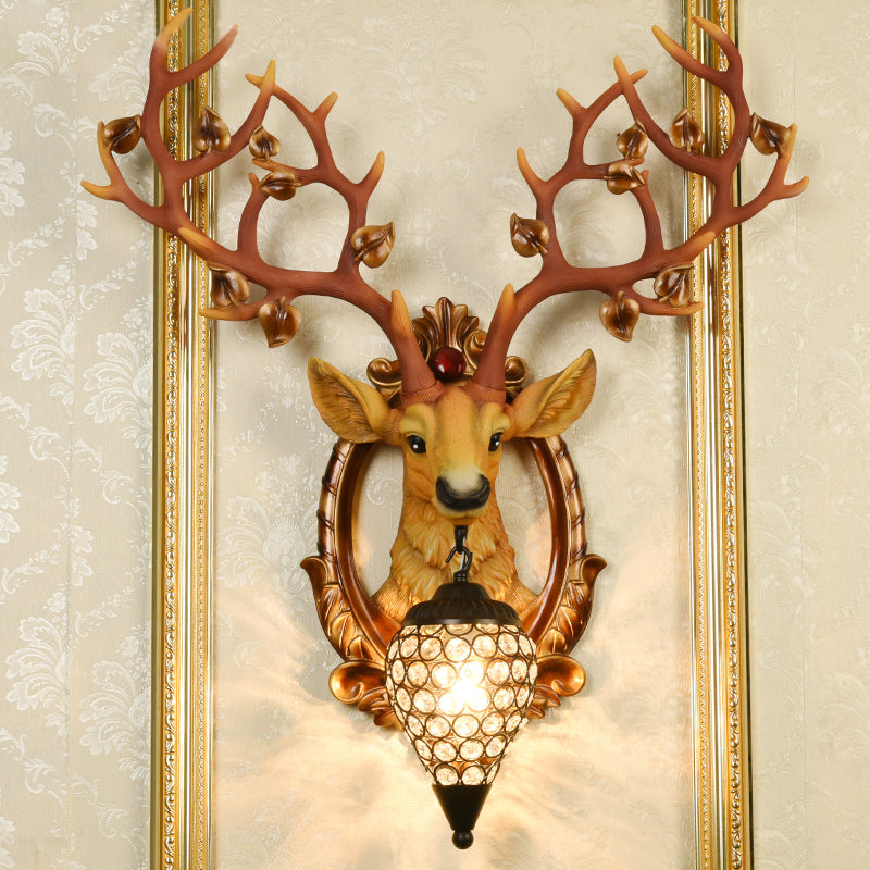 White/Brown Elk Wall Mount Light Country Style Resin 1 Light Wall Sconce with Crystal Shade for Living Room, 19.5"/23.5" W Clearhalo 'Wall Lamps & Sconces' 'Wall Lights' Lighting' 156178