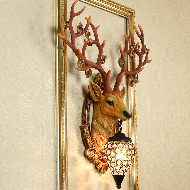 White/Brown Elk Wall Mount Light Country Style Resin 1 Light Wall Sconce with Crystal Shade for Living Room, 19.5"/23.5" W Brown 19.5" Clearhalo 'Wall Lamps & Sconces' 'Wall Lights' Lighting' 156179