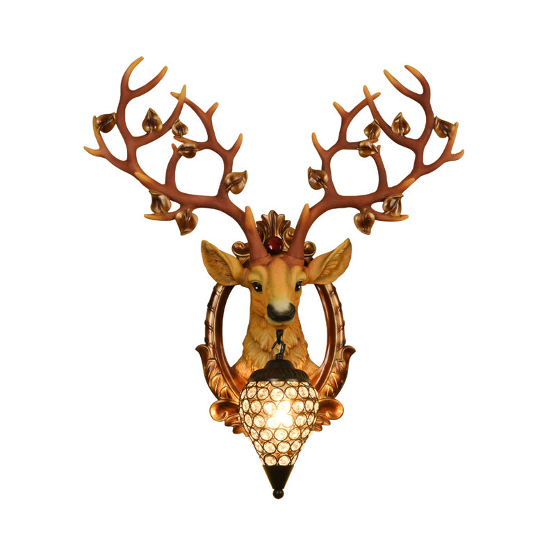 White/Brown Elk Wall Mount Light Country Style Resin 1 Light Wall Sconce with Crystal Shade for Living Room, 19.5"/23.5" W Clearhalo 'Wall Lamps & Sconces' 'Wall Lights' Lighting' 156181