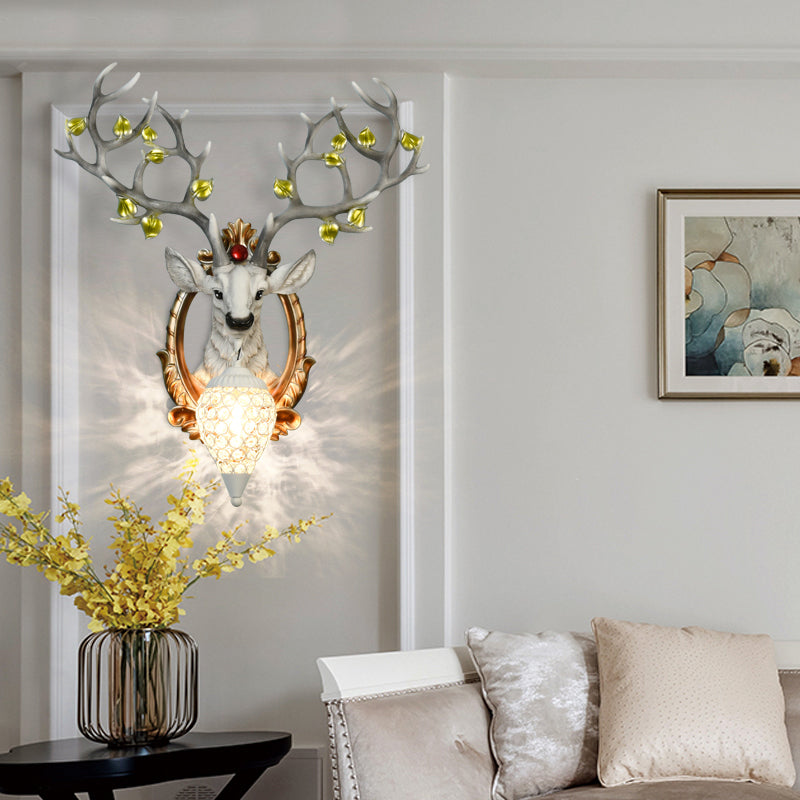 White/Brown Elk Wall Mount Light Country Style Resin 1 Light Wall Sconce with Crystal Shade for Living Room, 19.5"/23.5" W White 23.5" Clearhalo 'Wall Lamps & Sconces' 'Wall Lights' Lighting' 156185