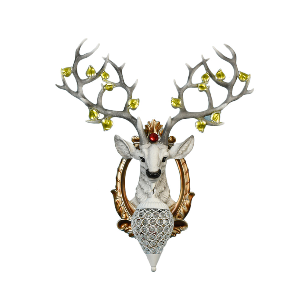 White/Brown Elk Wall Mount Light Country Style Resin 1 Light Wall Sconce with Crystal Shade for Living Room, 19.5"/23.5" W Clearhalo 'Wall Lamps & Sconces' 'Wall Lights' Lighting' 156187