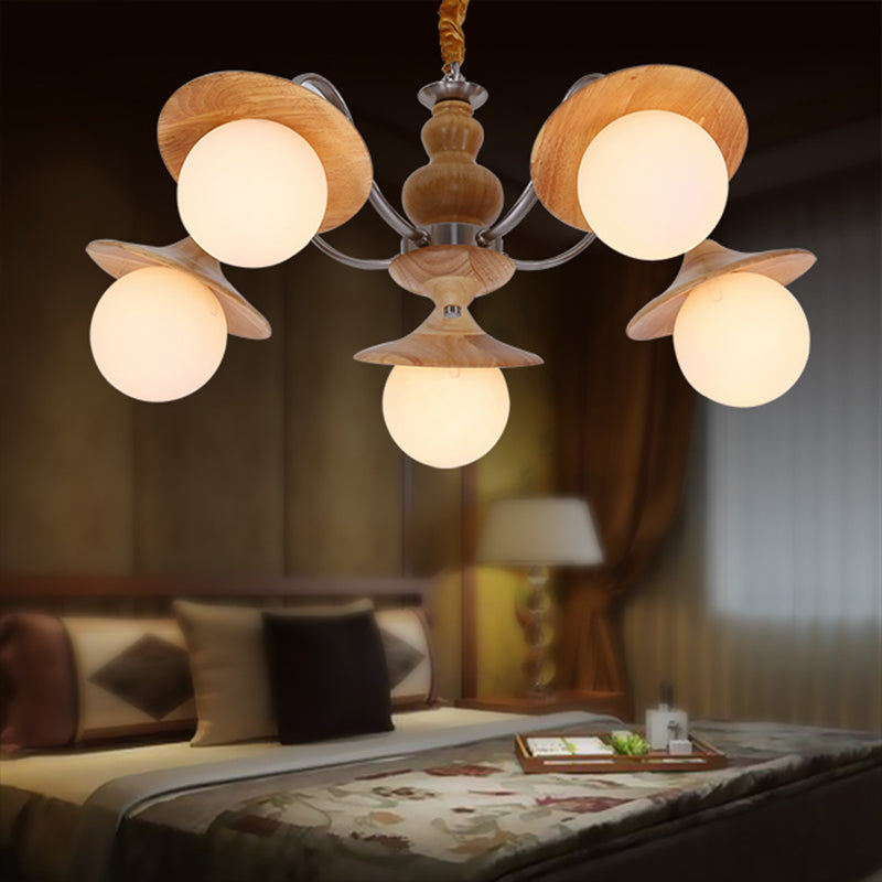 Modern Ball White Glass Chandelier 5 Lights Ceiling Pendant Fixture with Wooden Cap Clearhalo 'Ceiling Lights' 'Chandeliers' Lighting' options 156194