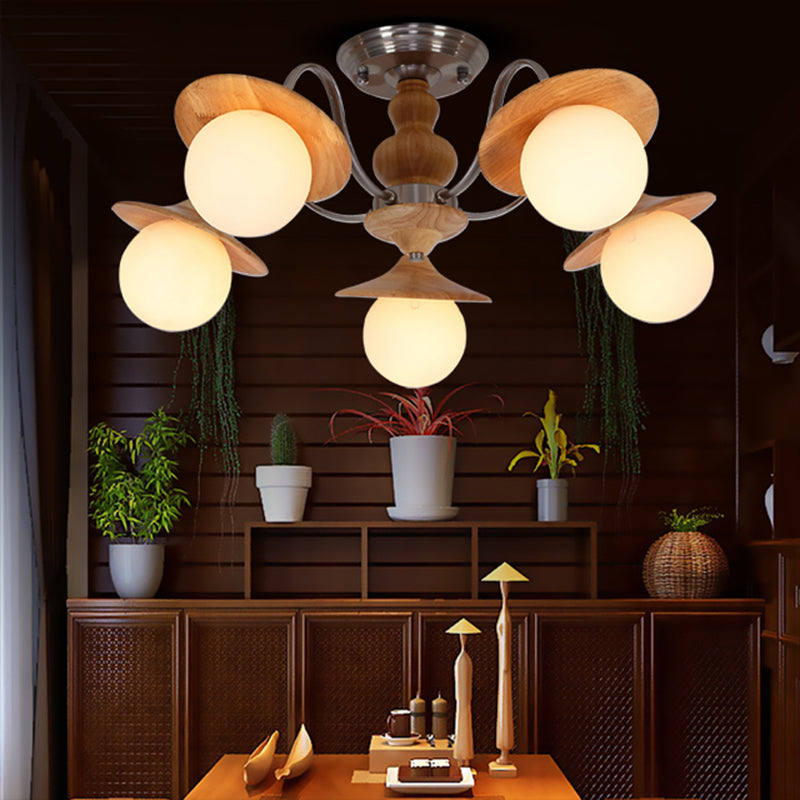 Modern Ball White Glass Chandelier 5 Lights Ceiling Pendant Fixture with Wooden Cap Clearhalo 'Ceiling Lights' 'Chandeliers' Lighting' options 156195