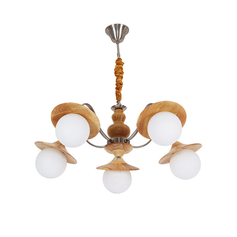 Modern Ball White Glass Chandelier 5 Lights Ceiling Pendant Fixture with Wooden Cap Clearhalo 'Ceiling Lights' 'Chandeliers' Lighting' options 156196