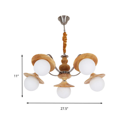 Modern Ball White Glass Chandelier 5 Lights Ceiling Pendant Fixture with Wooden Cap Clearhalo 'Ceiling Lights' 'Chandeliers' Lighting' options 156197