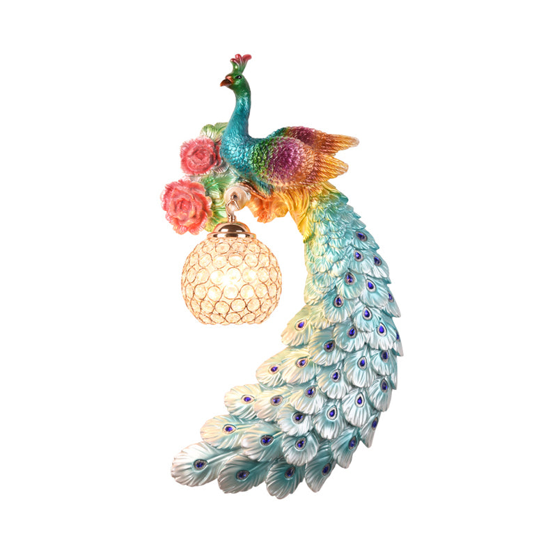 1/2-Pack Blue/Green Peacock Wall Light Fixture 8"/10" Wide 1 Head Retro Style Resin Wall Lamp with Crystal Global Shade, Left/Right Clearhalo 'Wall Lamps & Sconces' 'Wall Lights' Lighting' 156238