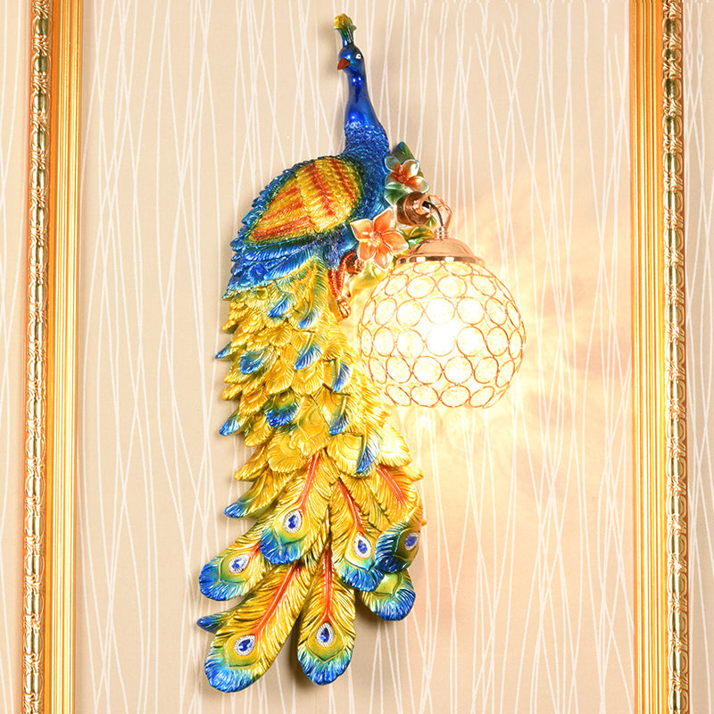 1/2-Pack Peacock Wall Light Country Style Resin 1 Head Wall Sconce with Dome Crystal Shade in White/Blue Finish, Left/Right Blue Left Clearhalo 'Wall Lamps & Sconces' 'Wall Lights' Lighting' 156268