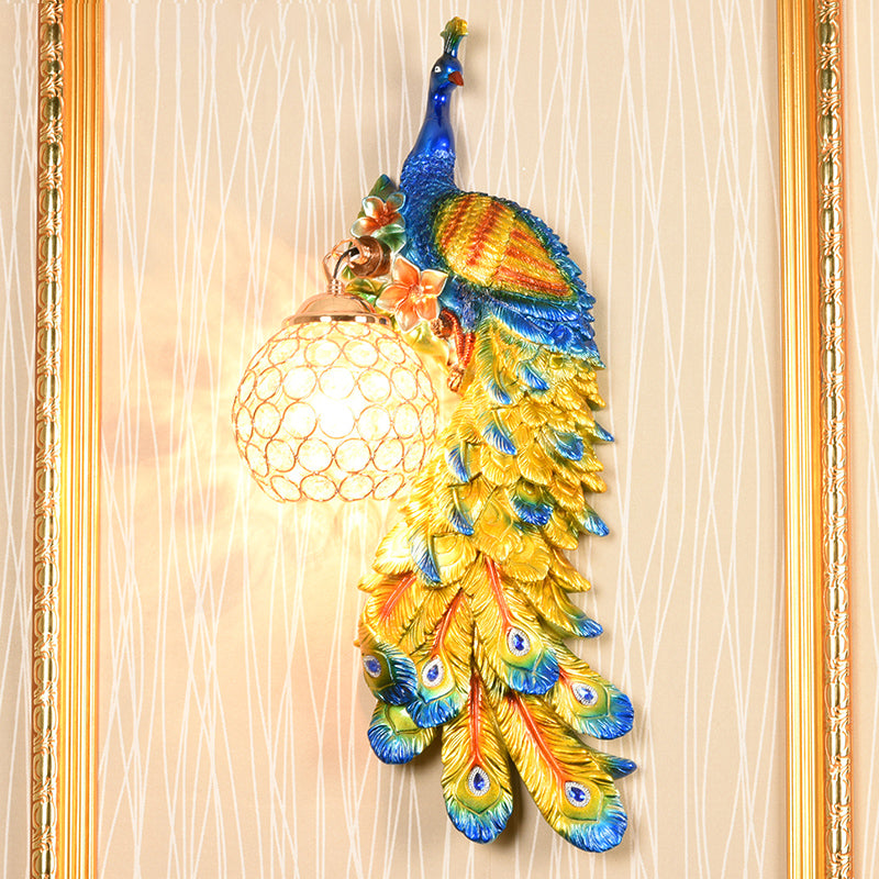 1/2-Pack Peacock Wall Light Country Style Resin 1 Head Wall Sconce with Dome Crystal Shade in White/Blue Finish, Left/Right Blue Right Clearhalo 'Wall Lamps & Sconces' 'Wall Lights' Lighting' 156270