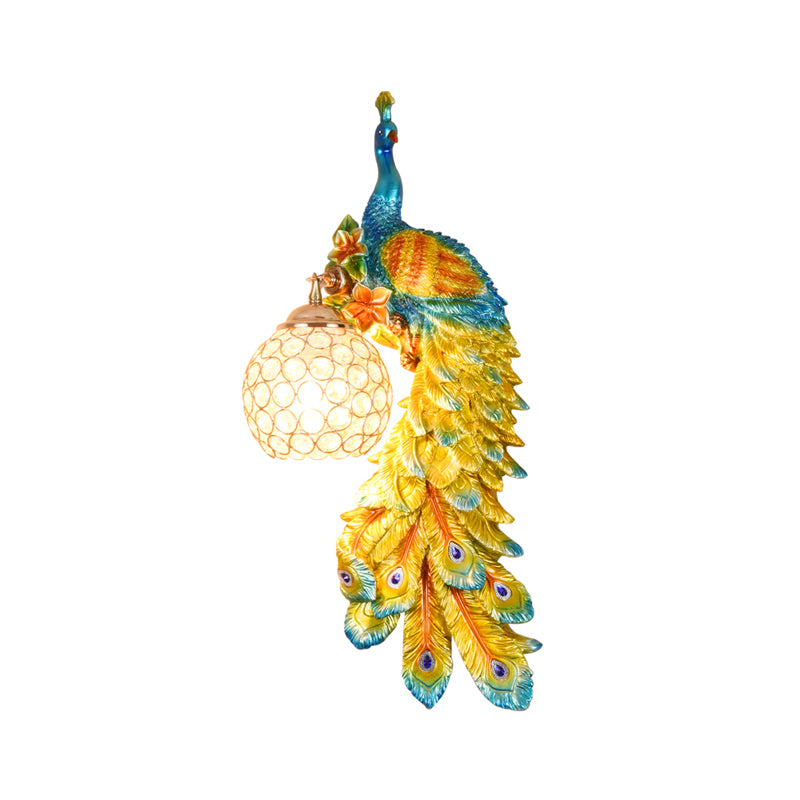 1/2-Pack Peacock Wall Light Country Style Resin 1 Head Wall Sconce with Dome Crystal Shade in White/Blue Finish, Left/Right Clearhalo 'Wall Lamps & Sconces' 'Wall Lights' Lighting' 156271